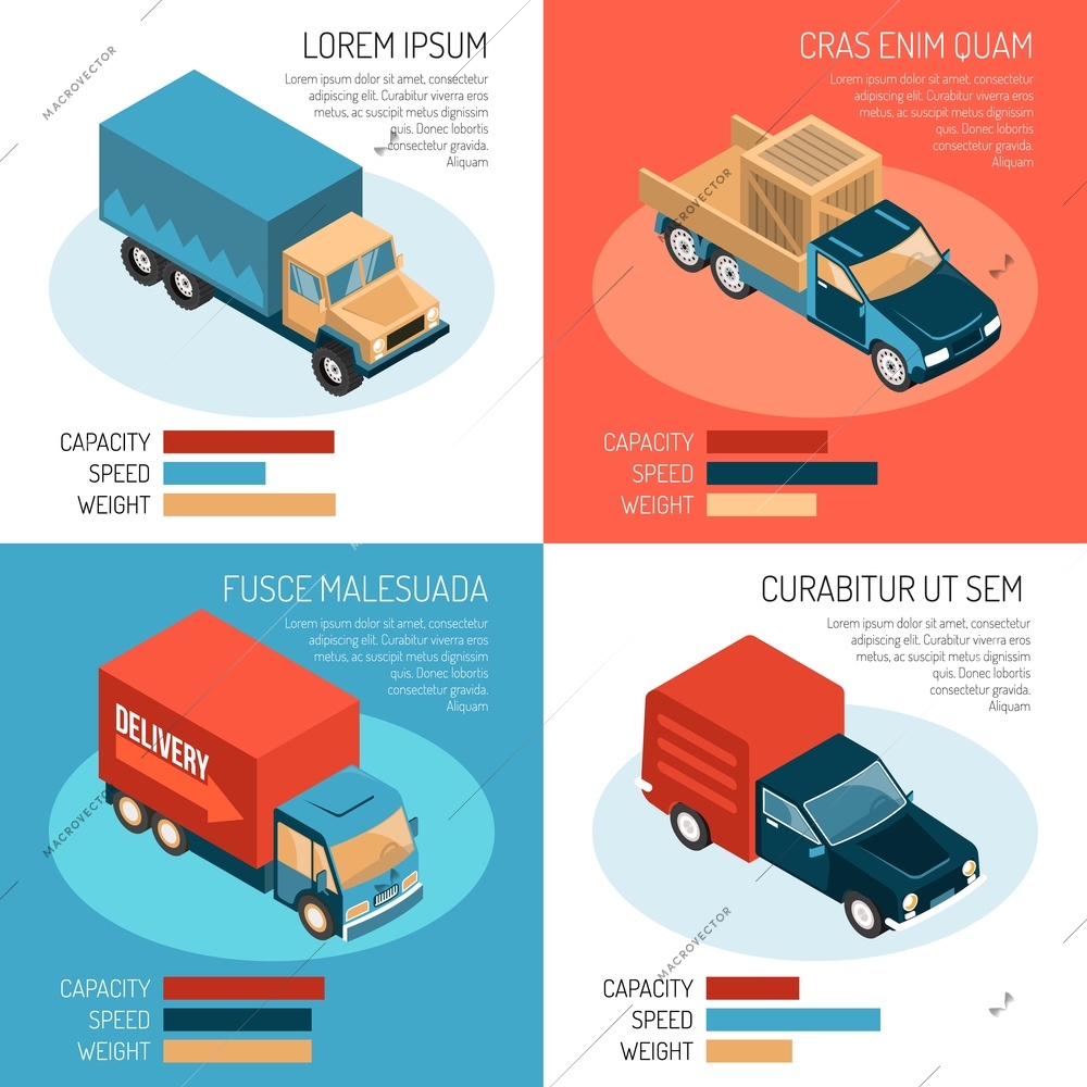 Colorful isometric 2x2 design concept with different delivery vehicles their capacity speed and weight 3d isolated vector illustration