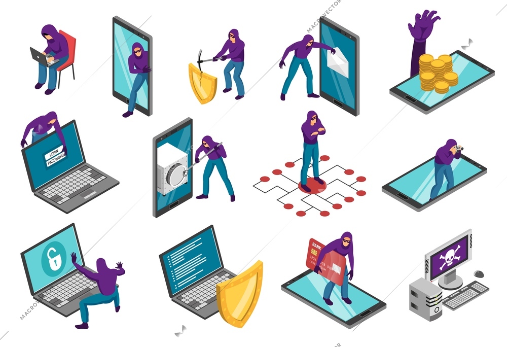 Isometric hacker set of conceptual images with smartphones laptop computers and human character of cyber thief vector illustration