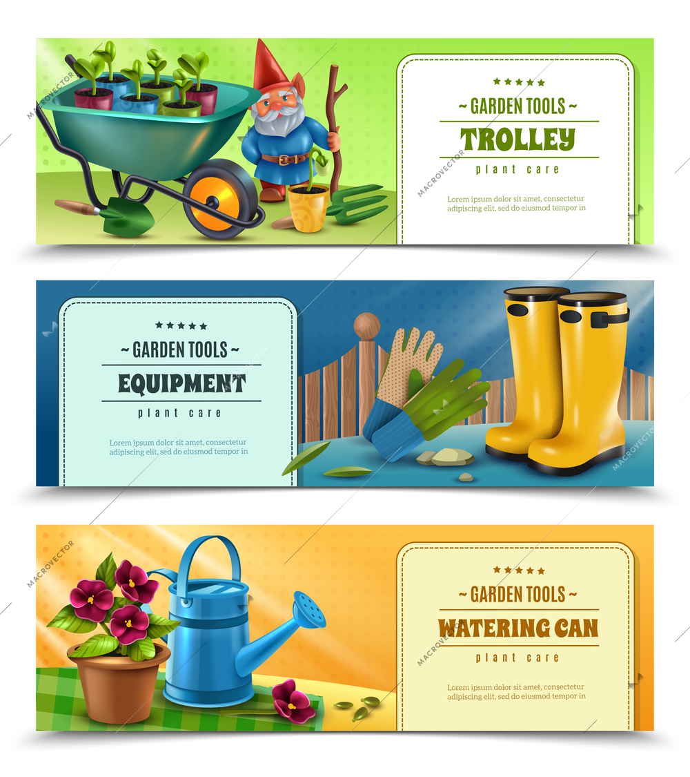 Gardener tools equipment accessories 3 horizontal colorful background banners with wellingtons wheelbarrow watering can isolated vector illustration