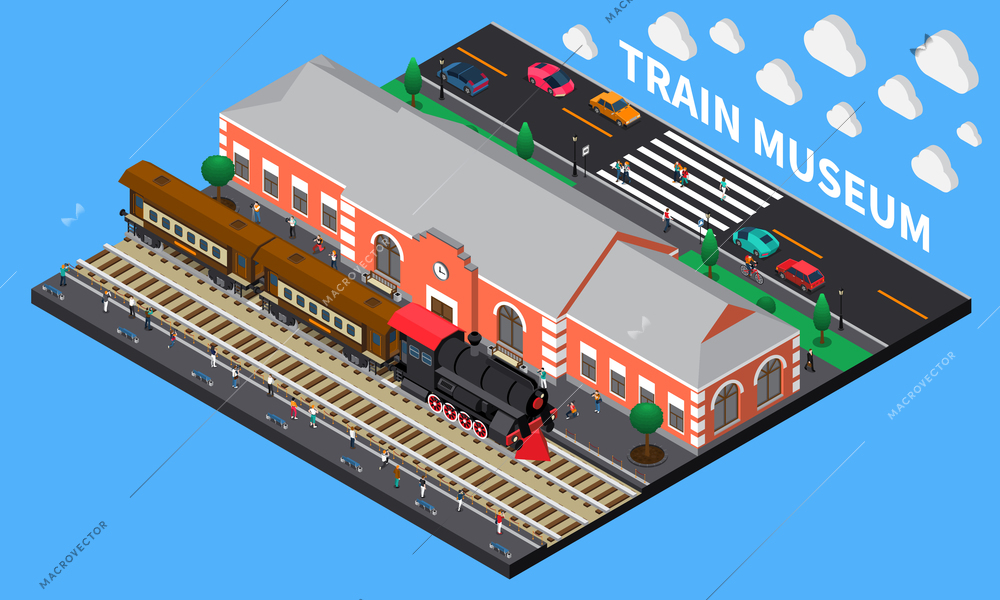 Train museum isometric composition with diesel locomotive and brick station building in retro style vector illustration