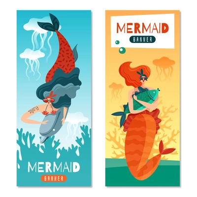 Funny red haired mermaids 2 colorful vertical banners set with underwater sea life creatures isolated vector illustration