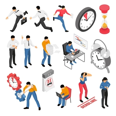 People trying to finish tasks before deadline isometric icons set isolated on white background 3d vector illustration