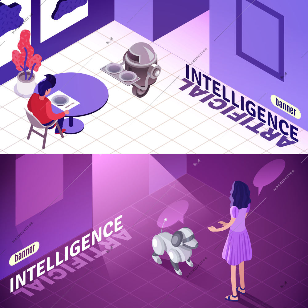 Artificial intelligence isometric horizontal banners with machine waiter, child playing with robotic dog isolated vector illustration