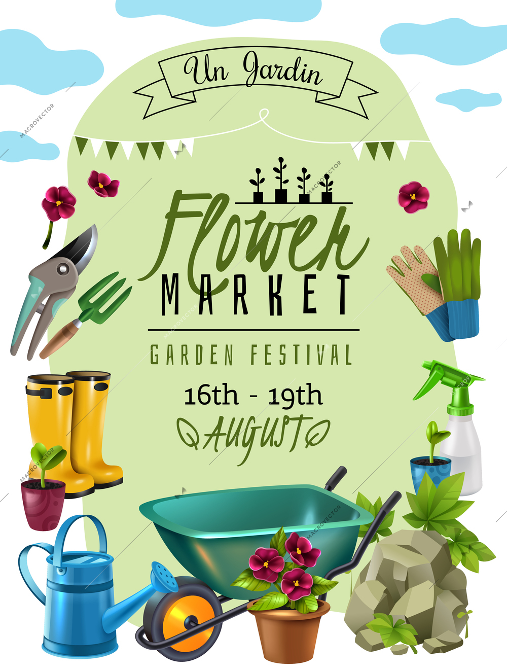 Cottage plants festival flower market announcement poster with event dates and gardener tools accessories advertisement vector illustration