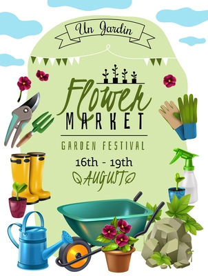 Cottage plants festival flower market announcement poster with event dates and gardener tools accessories advertisement vector illustration