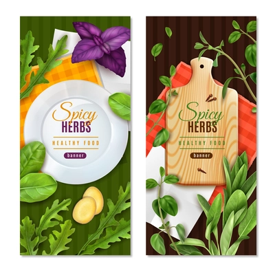 Herbs leafy salad greens spices 2 realistic healthy food banners with basil thyme spinach isolated vector illustration