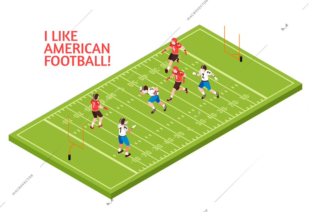 Teams of players during american football match on green play field isometric vector illustration
