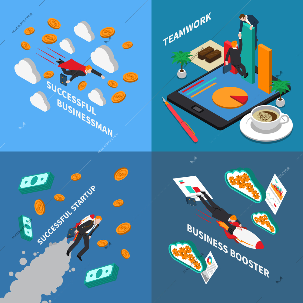 Business booster 2x2 design concept set of business startup teamwork and successful businessman isometric square compositions vector illustration