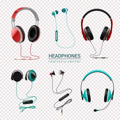 Headsets earphones various types earbuds in-ear headphones realistic colored set transparent background isolated vector illustration