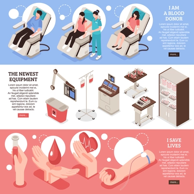 Set of isometric horizontal banners blood donor saving of lives modern medical equipment isolated vector illustration