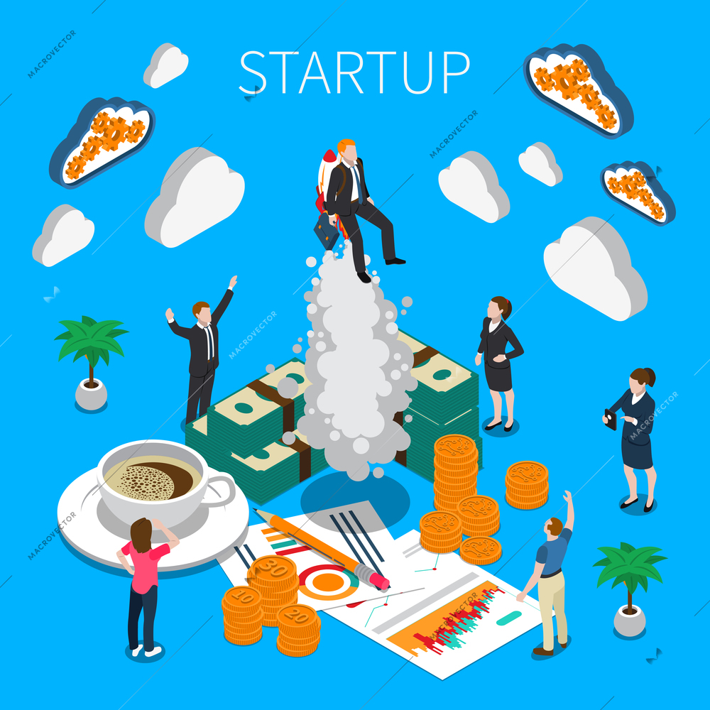 Business startup isometric composition with business icons and people united in teamwork  group watching successful quick start of business vector illustration