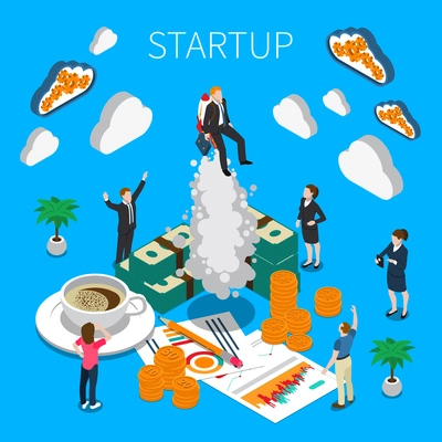 Business startup isometric composition with business icons and people united in teamwork  group watching successful quick start of business vector illustration