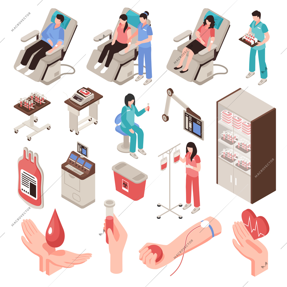 Blood donor in chair professional staff and medical equipment set of isometric icons isolated vector illustration