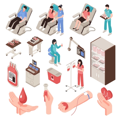 Blood donor in chair professional staff and medical equipment set of isometric icons isolated vector illustration