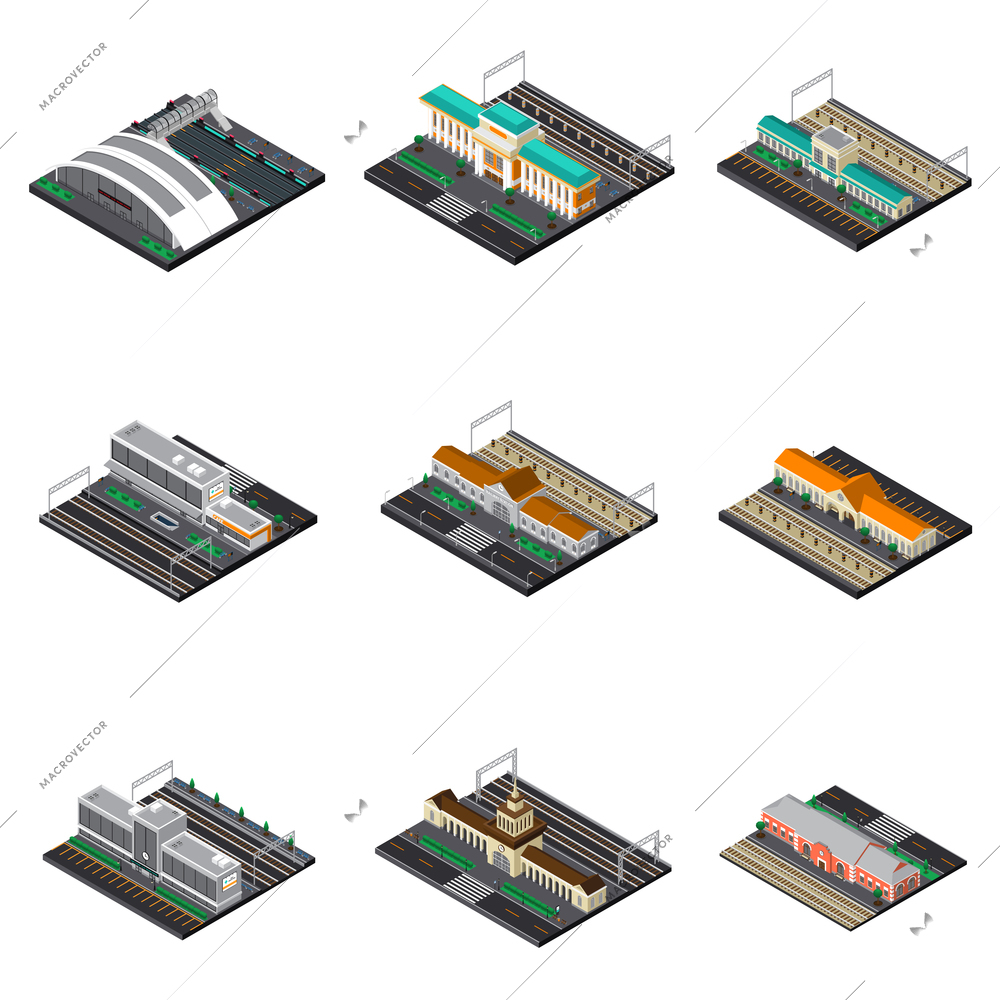 Railway station isometric set of modern and buildings futuristic and train museum under open sky isolated vector illustration