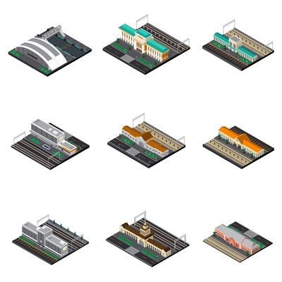 Railway station isometric set of modern and buildings futuristic and train museum under open sky isolated vector illustration