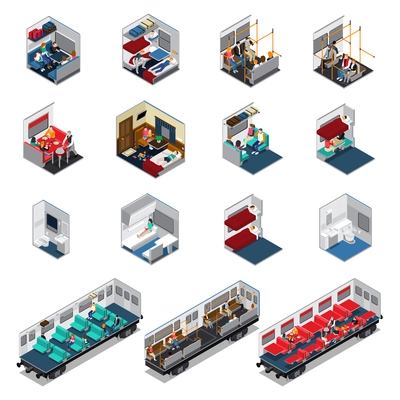 Train interior isometric set of various wagon coupe electric train carriage with seat places biotoilet dinning car vector illustration