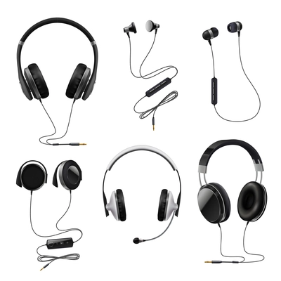 Headsets earphones realistic collection with earbuds on over and in-ear monitor headphones black isolated vector illustration