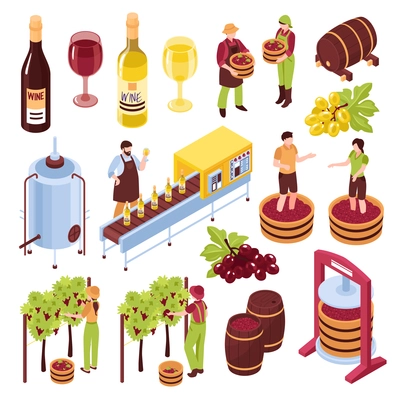 Winery isometric set vineyard with harvest pressing of grapes bottling conveyor drink in goblets isolated vector illustration