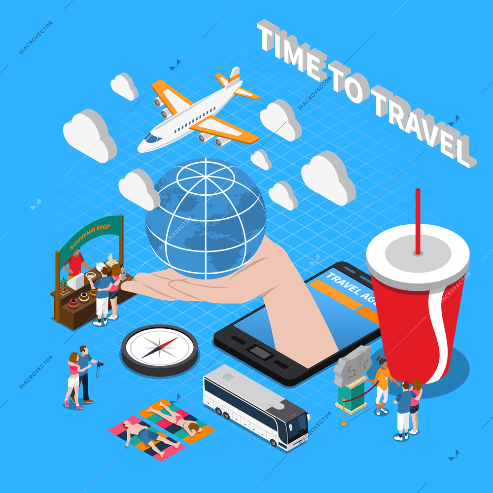 Time to travel  composition with plane compass souvenir shop globe on human palm isometric icons vector illustration