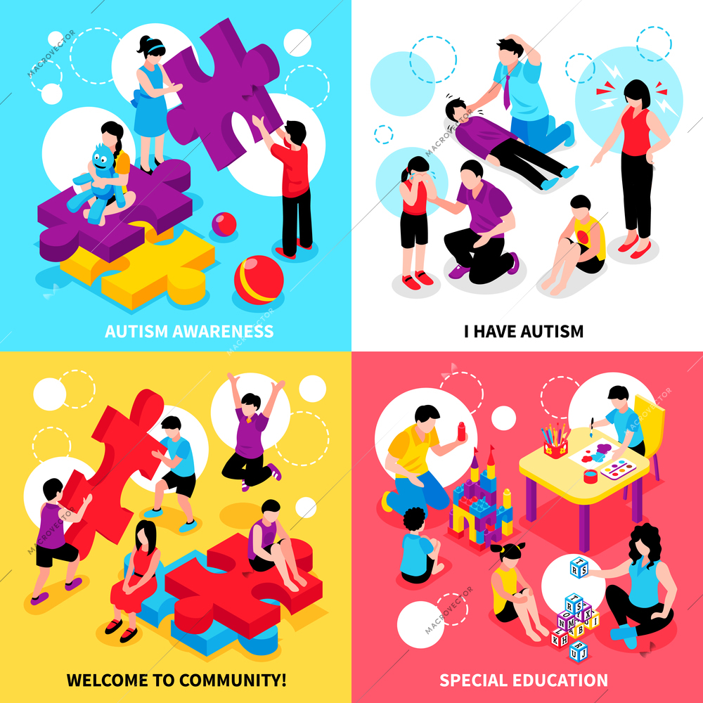 Autism awareness isometric design concept with behavior problems and disease special education and community isolated vector illustration