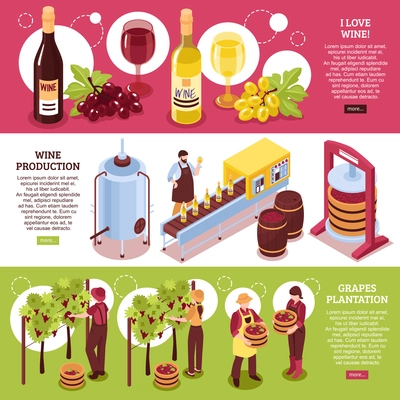 Winery isometric horizontal banners red and white wine production of drink and grapes plantation isolated vector illustration