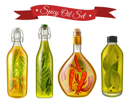 Set of realistic spicy oils with nuts and condiments in bottles of various shape isolated vector illustration