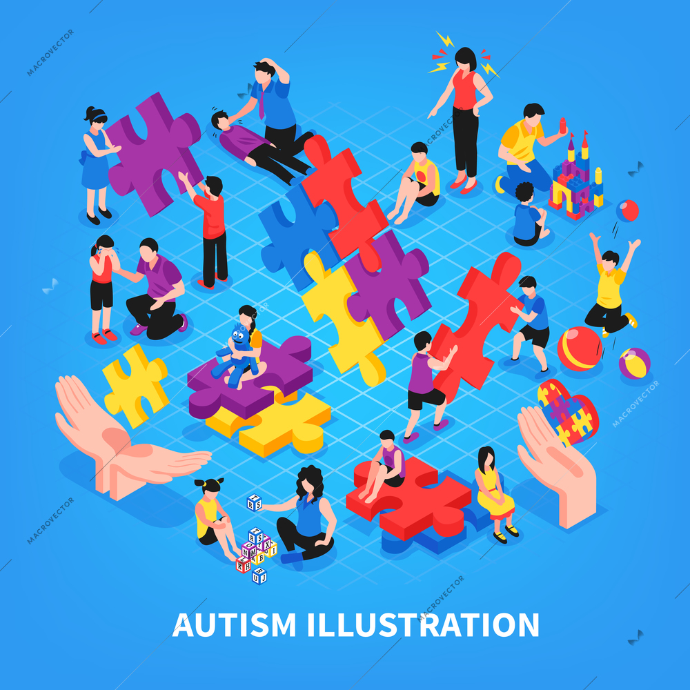 Kids with autism during game communication with parents learning and friendship on blue background isometric vector illustration