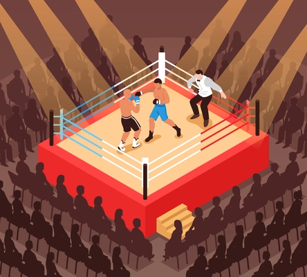 Referee and fighters during boxing match on ring and silhouettes of spectators isometric vector illustration