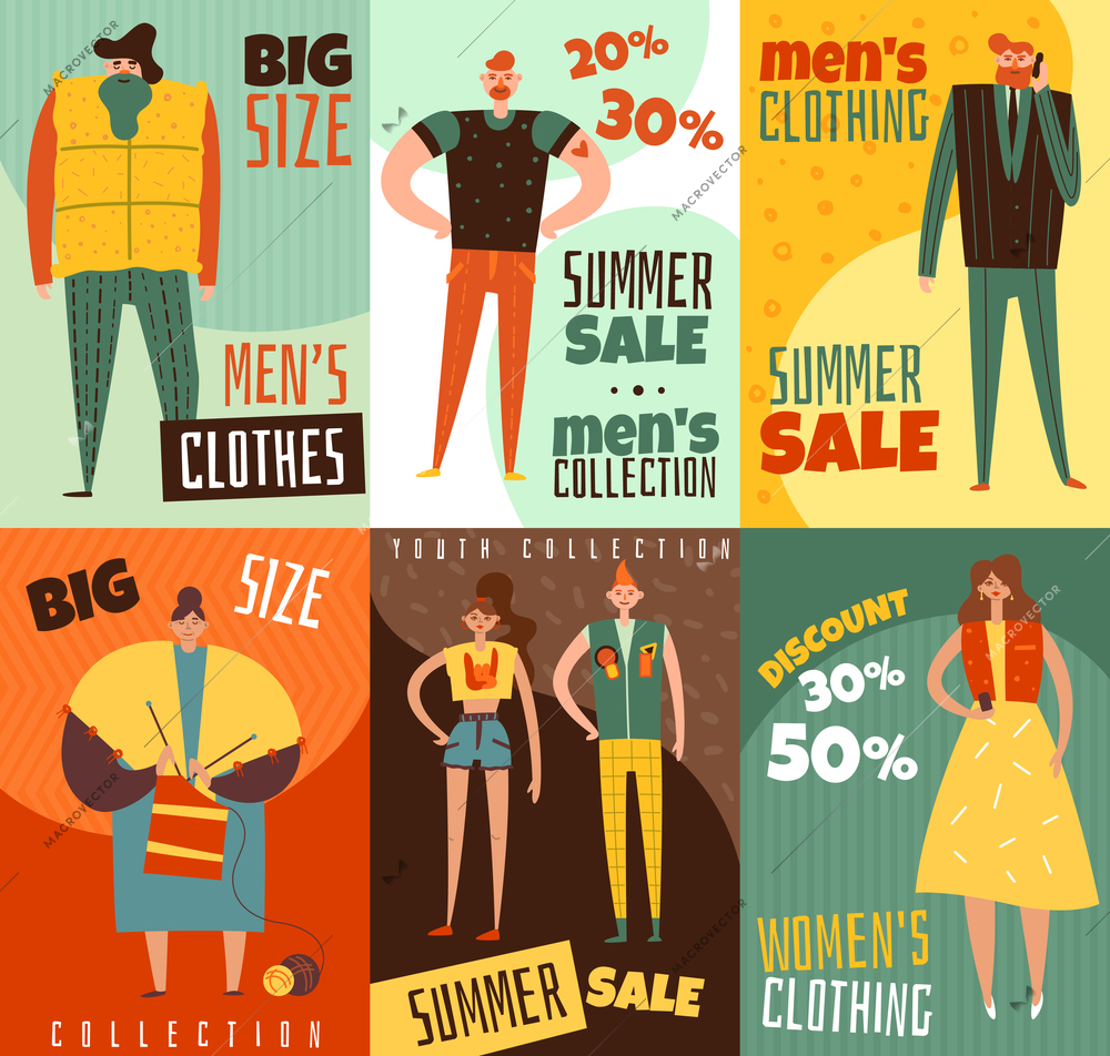 Life cycles of man and woman vertical cards, clothing collections for youth, mature persons, isolated vector illustration