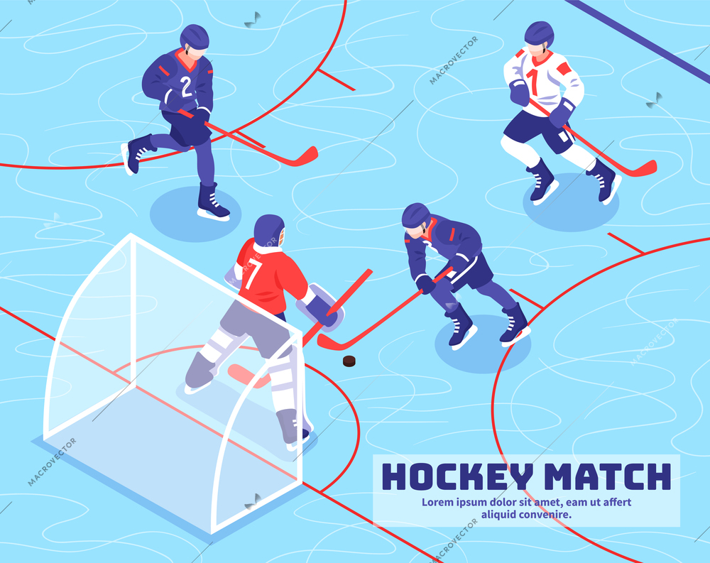 Teams of players near goal with puck during hockey match on ice isometric vector illustration