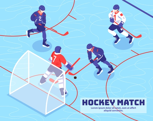 Teams of players near goal with puck during hockey match on ice isometric vector illustration