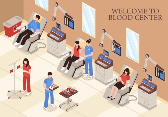 Blood center with donors in chairs modern medical technologies and professional staff isometric vector illustration