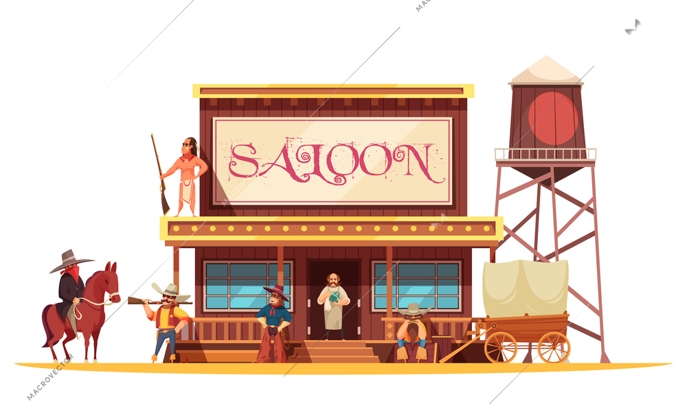 Cowboy composition with wild west scenery and vintage style building of barrel house with shop sign vector illustration