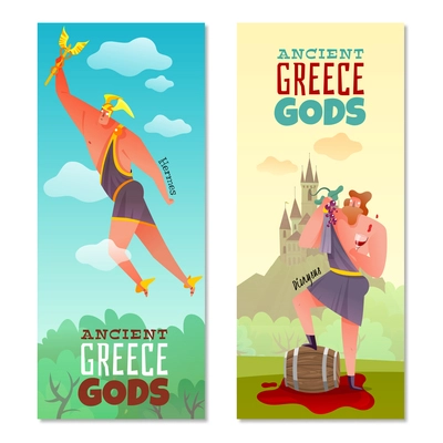 Ancient greece gods vertical banners flying hermes and dionysus with grape and glass wine isolated vector illustration