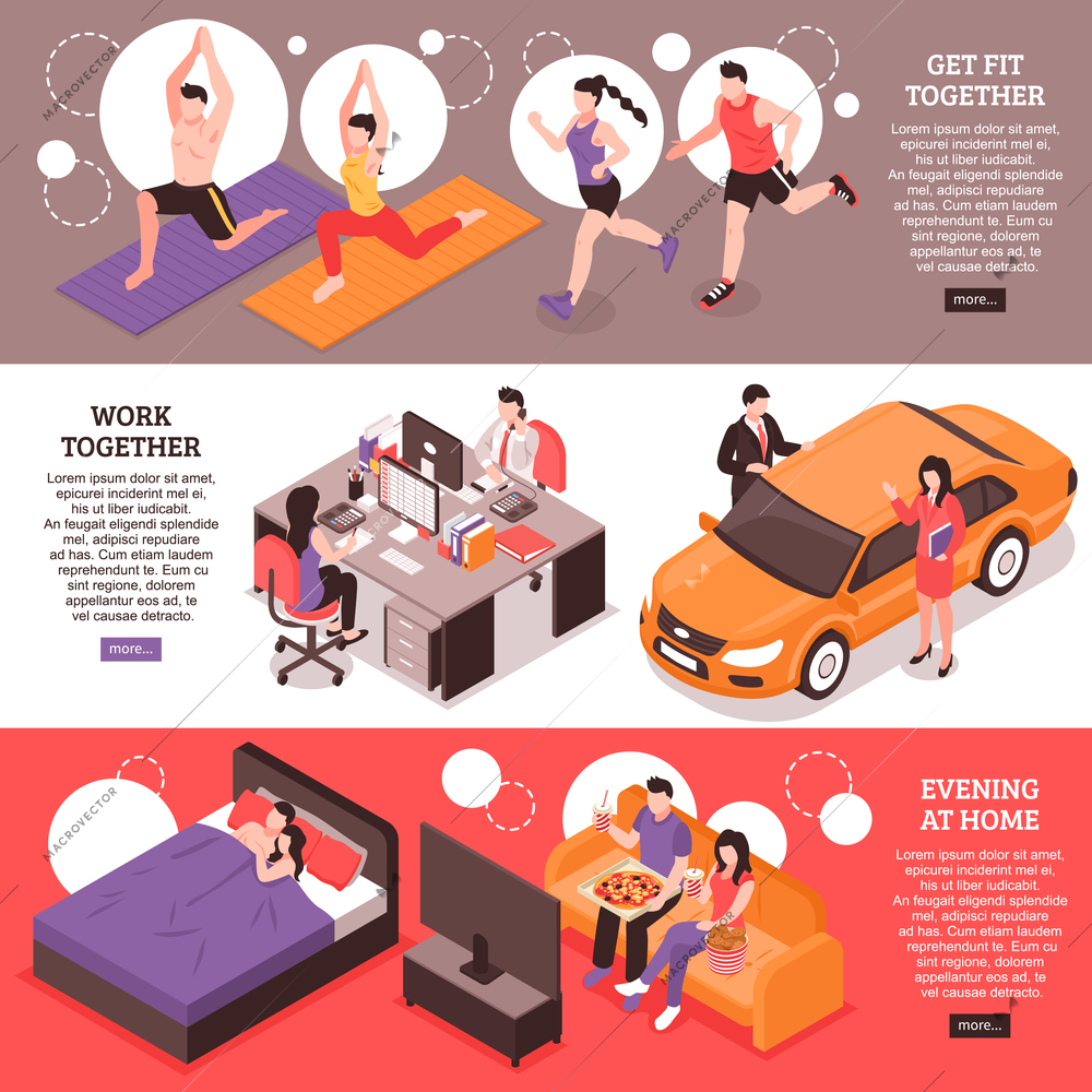 Daily routine for couple isometric horizontal banners fitness and work together evening at home isolated vector illustration