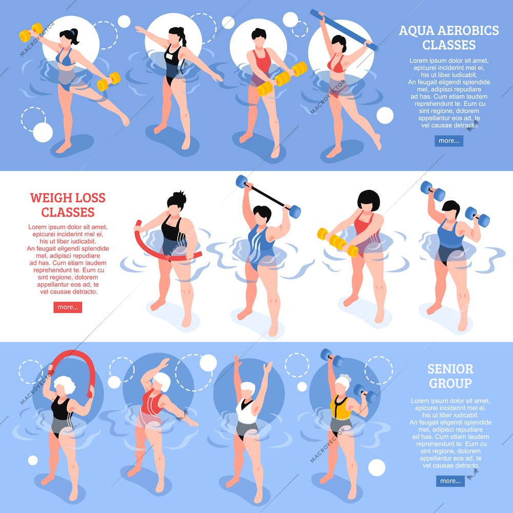 Set of isometric horizontal banners aqua aerobics classes including senior group blue white background isolated vector illustration