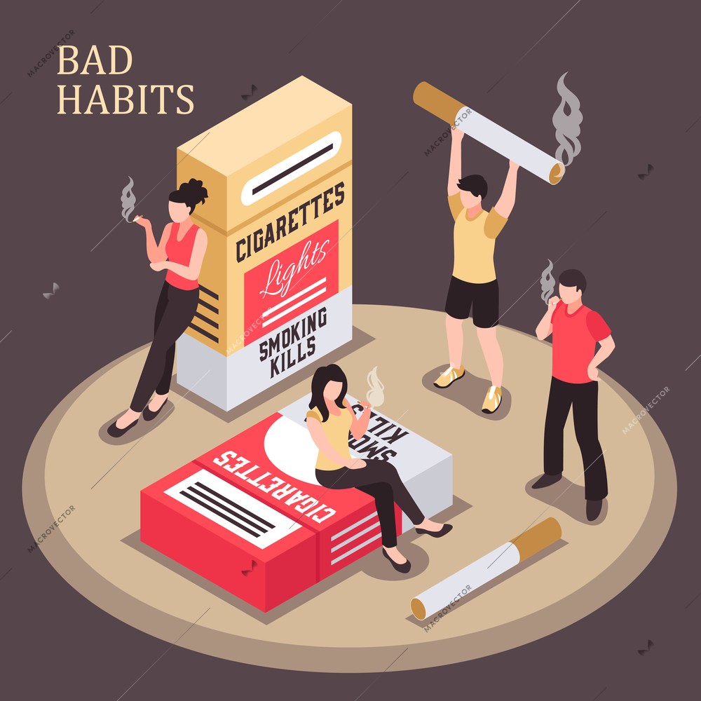 Smoking addiction isometric composition men and women with burning cigarette on dark background vector illustration