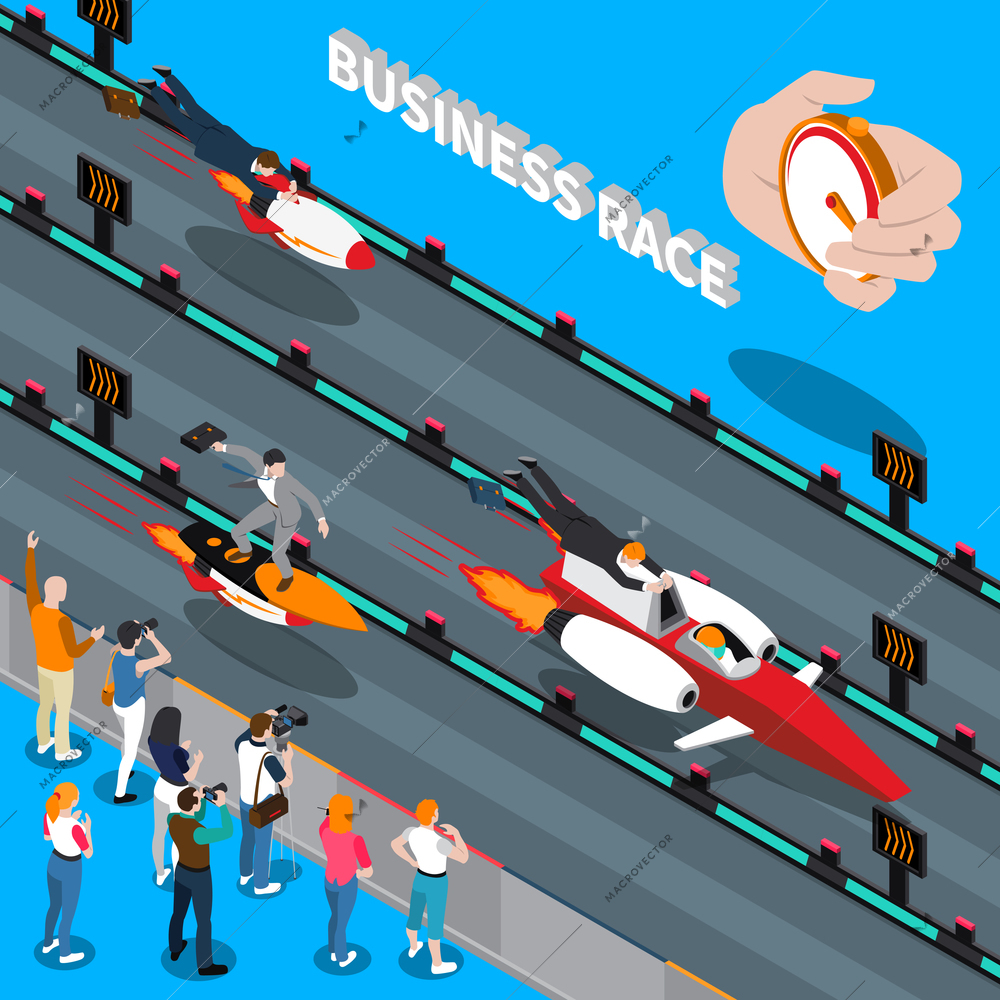 Business race isometric composition with chronometer counting time to reach success of competitive businessmen vector illustration