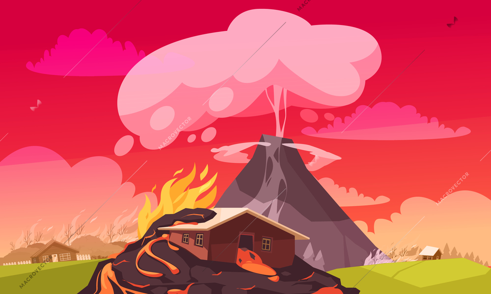 Natural disasters eruption composition of flat cartoon style landscape with burning houses and convulsion of nature vector illustration