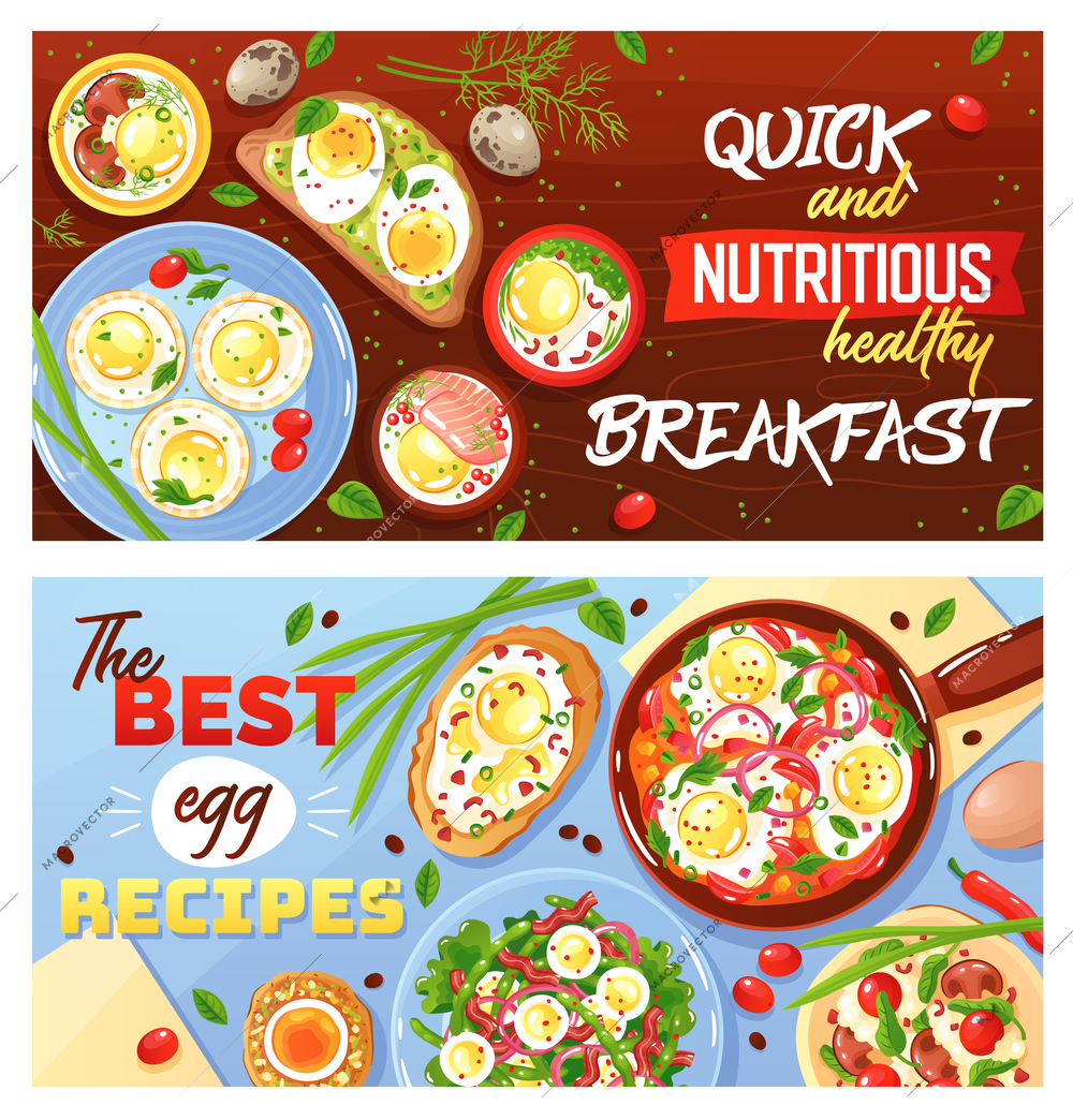 Recipes of egg dishes quick and healthy breakfast set of horizontal flat banners isolated vector illustration