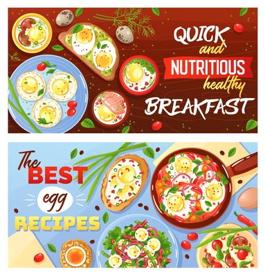 Recipes of egg dishes quick and healthy breakfast set of horizontal flat banners isolated vector illustration