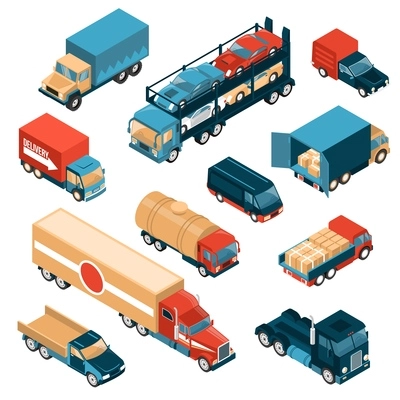 Isometric delivery trucks set of isolated images with motor lorry cars and vehicles for different freights vector illustration