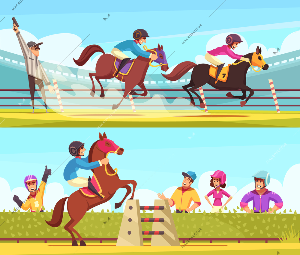 Equestrian sport banners collection with outdoor compositions of horse racing moments with cartoon style human characters vector illustration