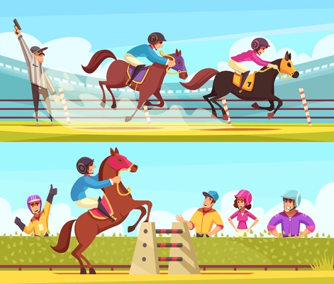 Equestrian sport banners collection with outdoor compositions of horse racing moments with cartoon style human characters vector illustration