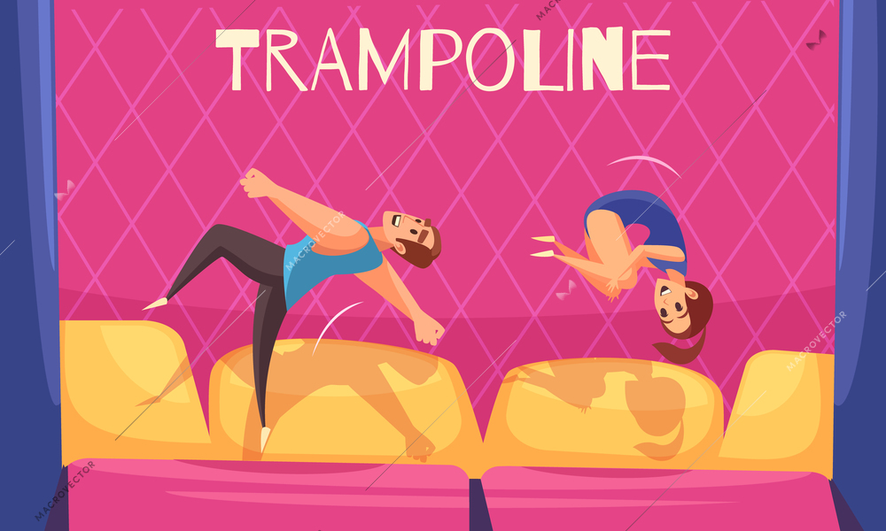 Jumping trampolines horizontal background with editable text and flat human characters of man and woman vector illustration