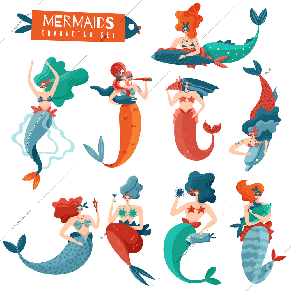 Funny bright mermaids set of fairy characters during various actions isolated flat vector illustration