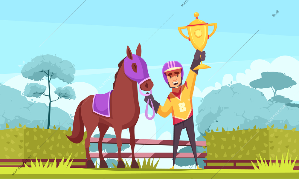 Equestrian sport horizontal composition with outdoor scenery and flat character of winner horseman with golden cup vector illustration