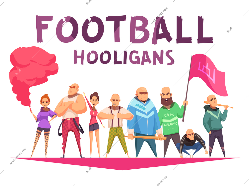 Criminal composition with cartoon style human characters of football hooligans with missiles flags and editable text vector illustration