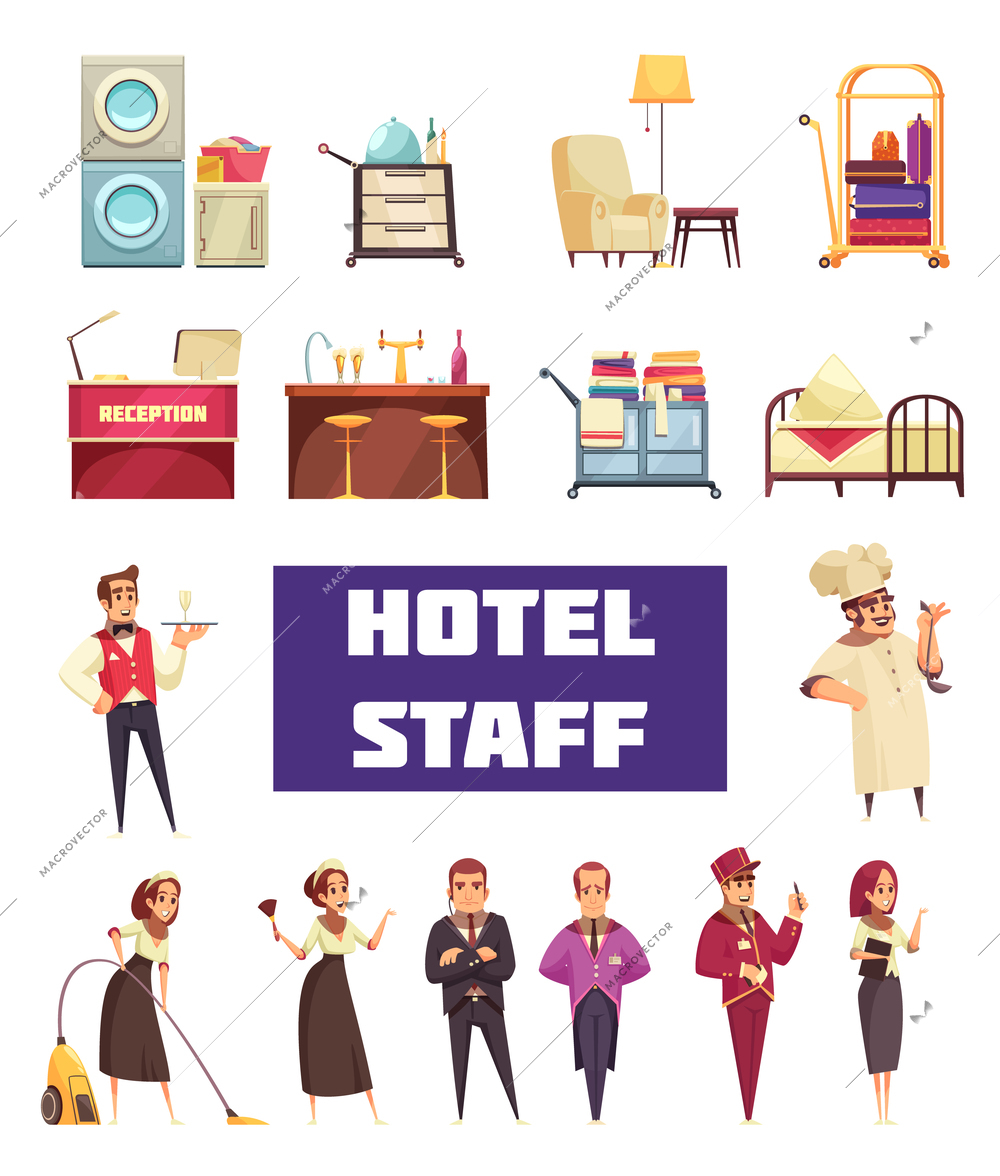 Hotel staff set with editable text isolated human characters of hotel workers and various furniture items vector illustration